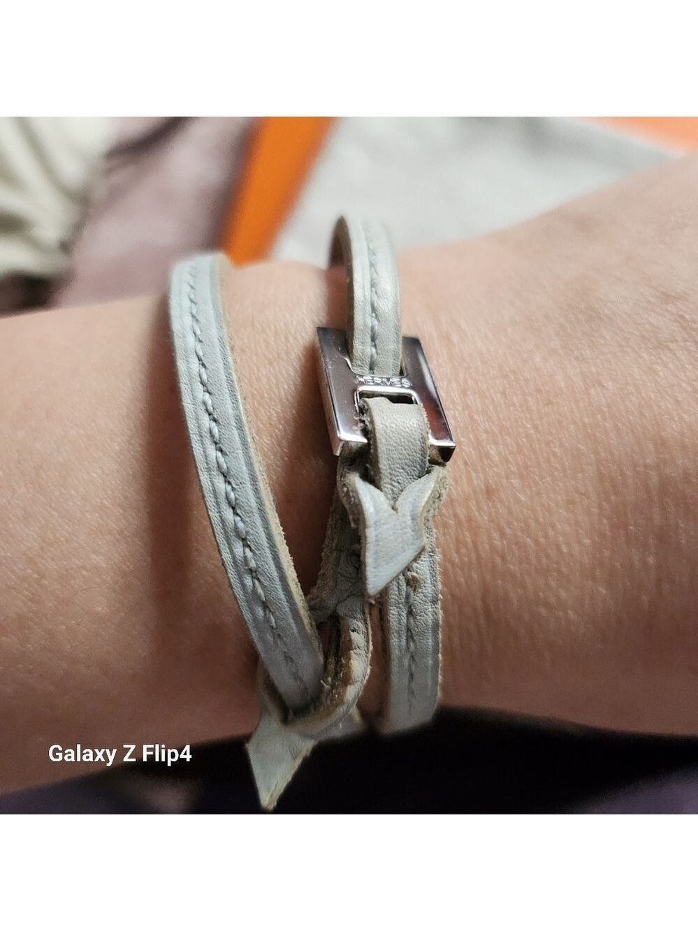 HERMES Tillet Bracelet Leather H Silver Women light baby blue Leather